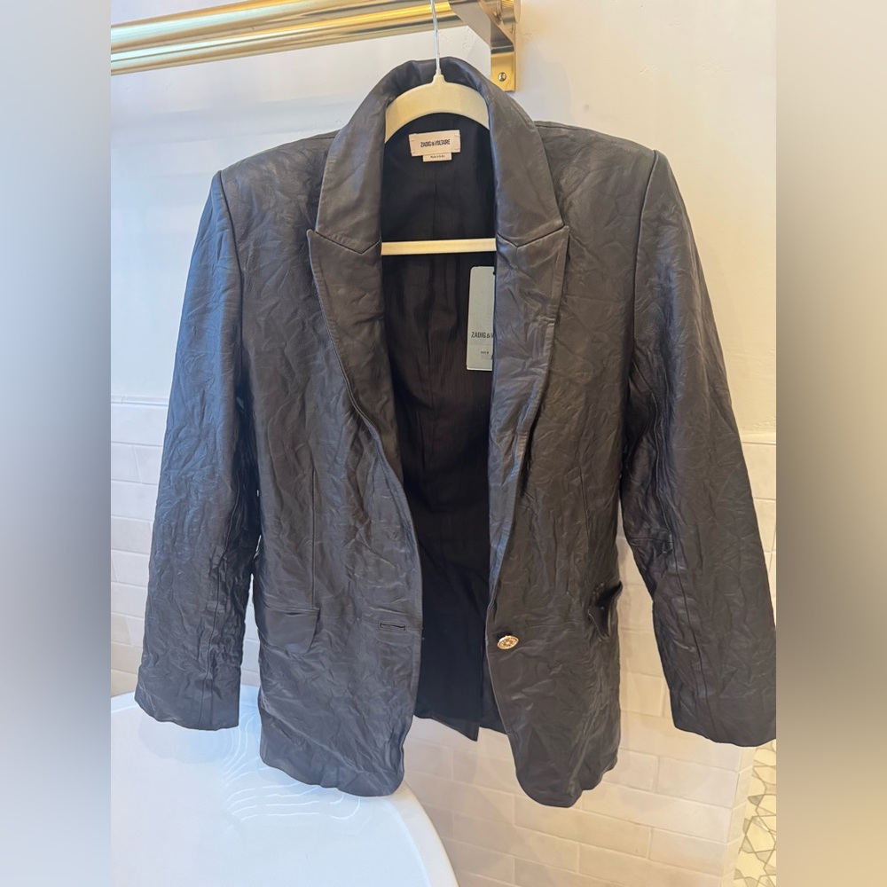 Zadig & Voltaire Valse Crinkled Black Leather Blazer/Jacket